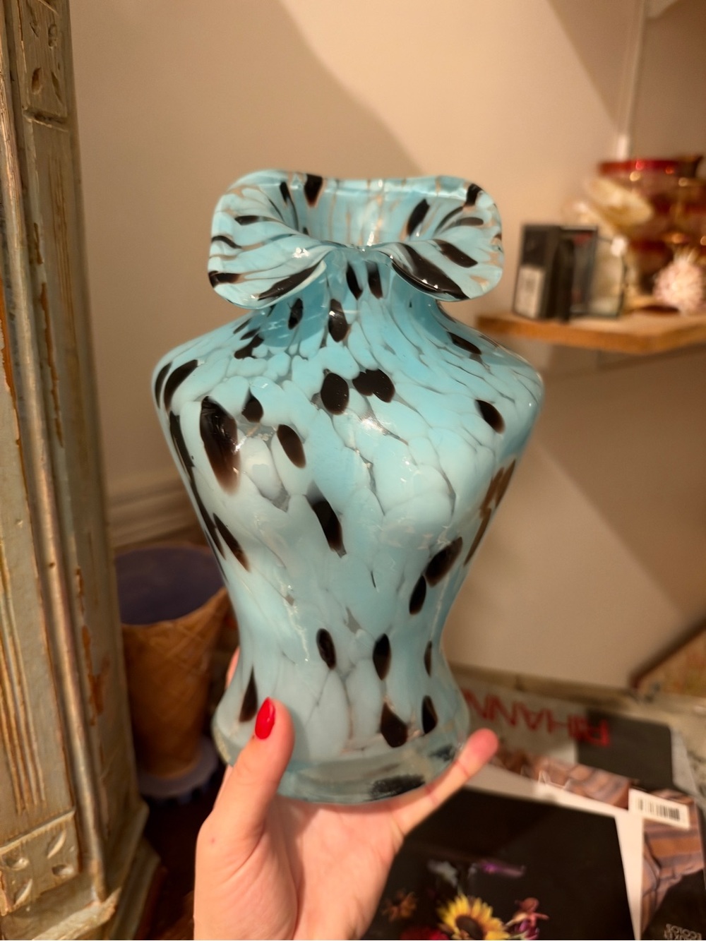 Handblown Blue Speckled Glass Vase - Decorative Home Accent